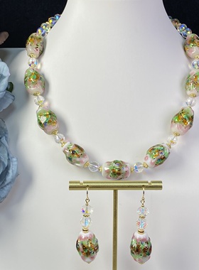 中古饰品金银彩箔异形手工琉璃颈链彩色气质复古原创项链耳饰套装