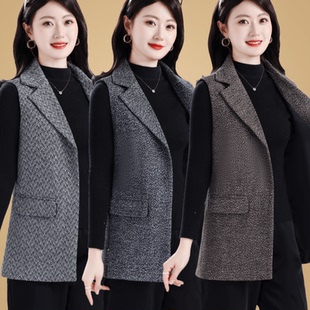 中老年女装秋冬马甲无袖外套中长款妈妈装西装领坎肩上衣马夹外套