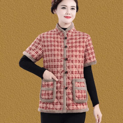 妈妈装加绒立领盘扣格子棉马甲
