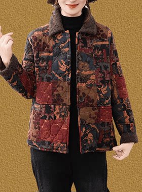 中老年妈妈装加绒翻领碎花棉服