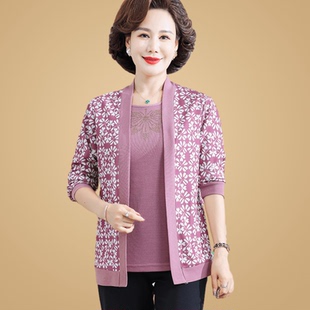 中老年女装真两件套40-50岁妈妈春装新款针织衫两件套宽松上衣T恤