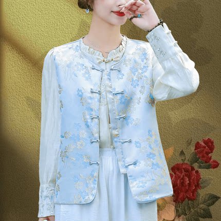新中式马甲国风真丝提花外套女春秋新款叠穿坎肩上衣无袖外穿背心