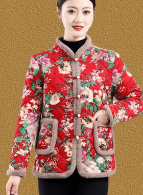 妈妈冬季加绒加厚中式盘扣棉服