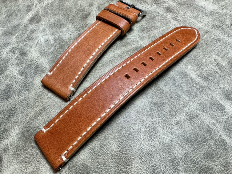 快拆加长粗手腕表带20mm22mm浅棕色植鞣革手工牛皮夏季真皮表带