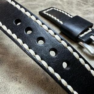 黑色卡其色头层皮粗线纯手工22mm24mm毫米厚牛皮表带男款针扣表链