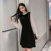 Váy hai dây giả mùa thu Nữ tính khí thời trang Hàn Quốc Mỏng mỏng nước hoa nhỏ trong váy chữ A dài đan - A-Line Váy