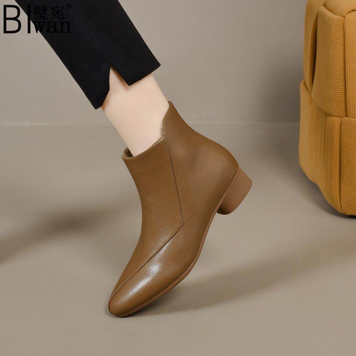 真皮女鞋秋冬新款英伦风尖头软皮低跟加绒保暖短靴简约百搭马丁靴,女鞋,时装靴,淘宝优惠券,粉丝福利购,淘宝优惠卷