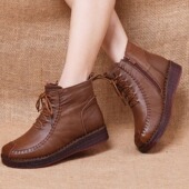 新款 真皮加绒妈妈棉鞋 秋冬季 拉链舒适平跟防滑中老年人棉靴女短靴