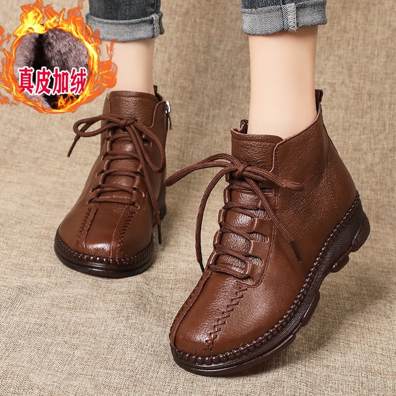 头层牛皮短靴秋冬妈妈加绒棉鞋