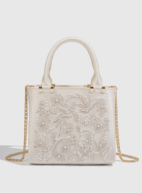 2025秋季新款女包人造珍珠饰丝缎质感硬质包时尚百搭手提包斜挎包