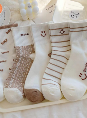白色春夏季袜子女袜子纯棉100%全棉中筒百搭袜子防臭抗菌吸汗透气