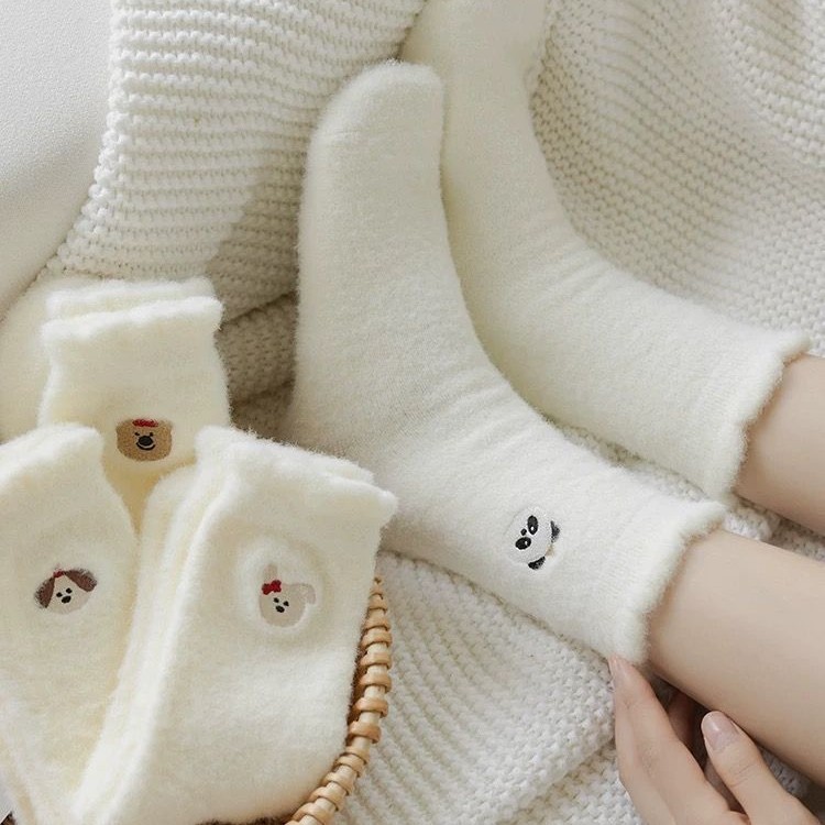 5双纯白睡眠袜子女中筒加厚月子