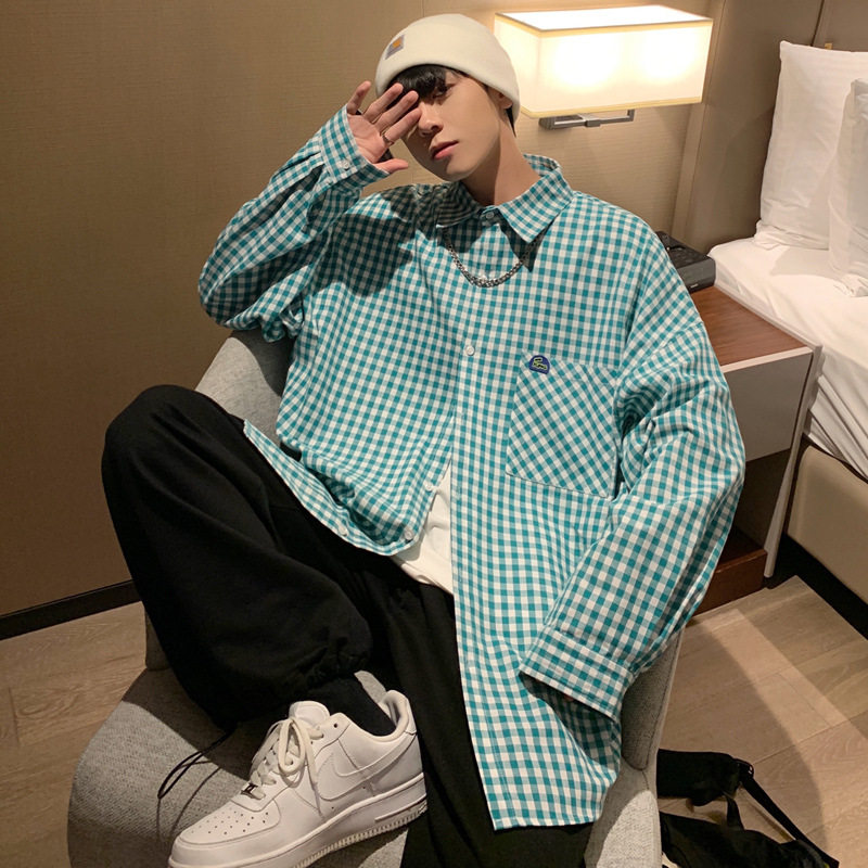 港风男装文艺范格子长袖衬衫2023春季中性情侣宽松上衣帅气衬衣潮,男装,衬衫,淘宝优惠券,粉丝福利购,淘宝优惠卷