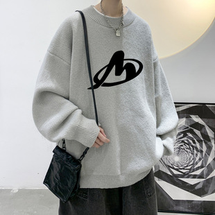 冬季加厚保暖针织衫青年字母印花半高领线衣冬天男士大码宽松毛衣