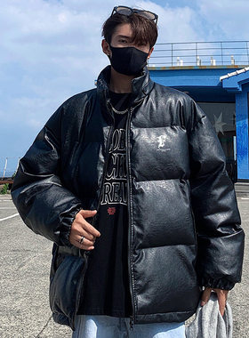 港仔风青年帅气PU皮机车服潮流痞帅加厚开衫面包服冬季印花棉衣男