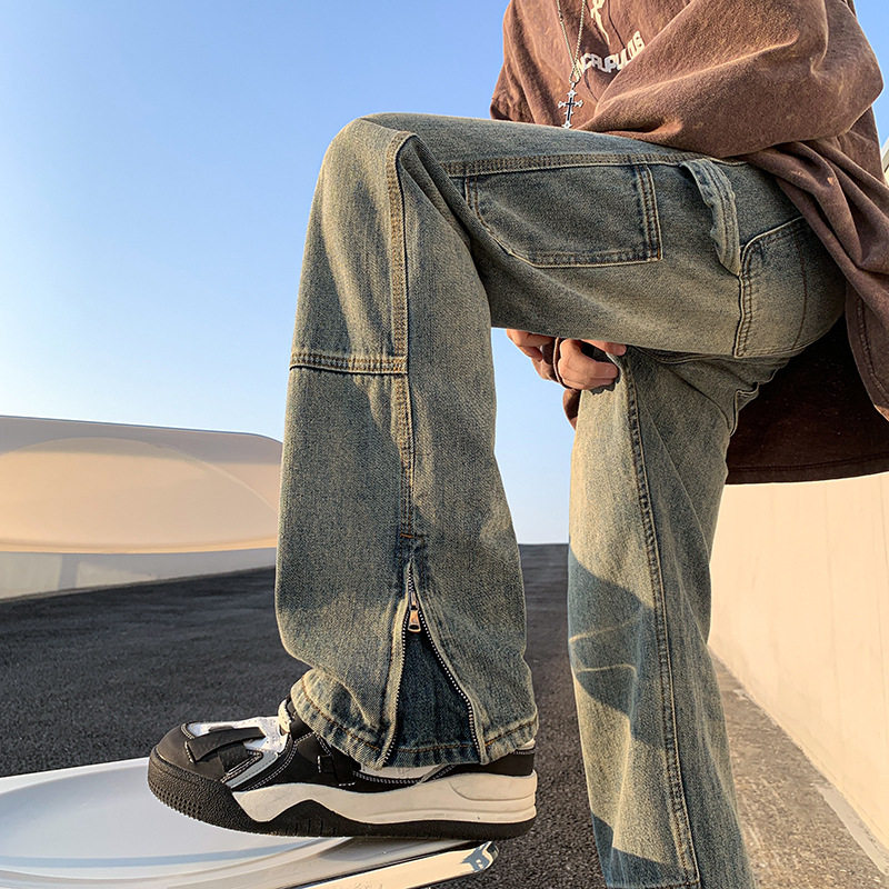 高街男装拉链牛仔裤男2023新款春季宽松休闲长裤美式复古拖地裤潮,男装,牛仔裤,淘宝优惠券,粉丝福利购,淘宝优惠卷