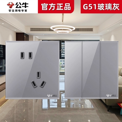 公牛G51远山灰色钢化玻璃开关插座面板五孔带一开10A空调16A插座
