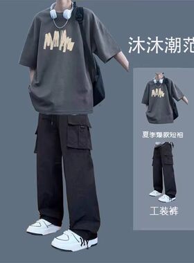 夏季男生短袖T恤牛仔裤两件套