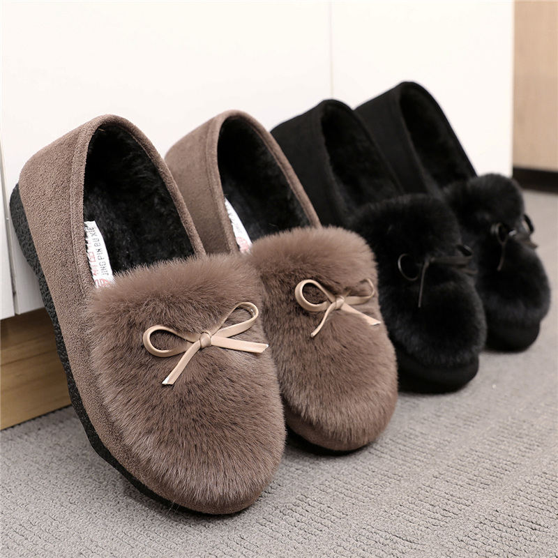 毛毛鞋女冬季外穿加绒棉鞋平底孕妇保暖鞋蝴蝶结豆豆鞋老北京布鞋