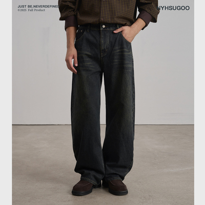南乙NYHSUGOO 手工捏褶猫须喷马骝牛仔裤男秋季石磨酵洗长裤3906
