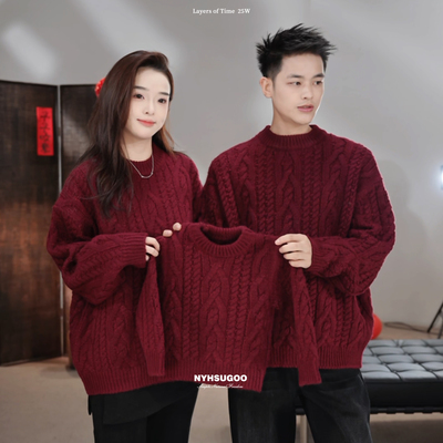 NYHSUGOO/南乙绞花重磅新年红色毛衣男女同款亲子装55103