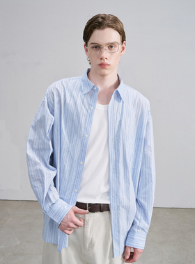 NYHSUGOO/南乙秋季可叠穿多色飞纱混纺条纹长袖衬衫3852男士外套
