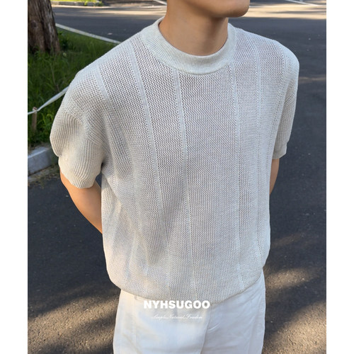 南乙NYHSUGOO夏季14针镂空设计POLO衫男32支全棉编织针织短袖3802