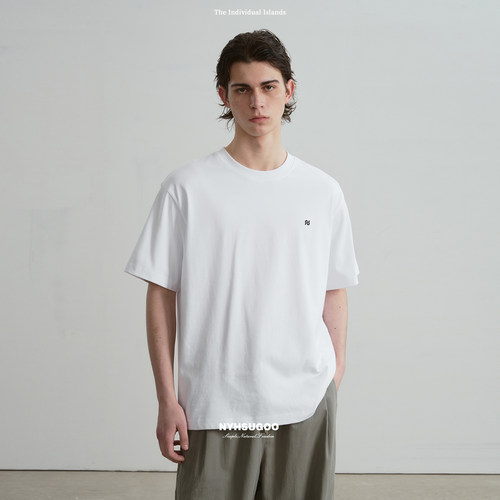 NYHSUGOO/南乙100%棉重磅32支纱刺绣基础款短袖T恤15119男士春夏