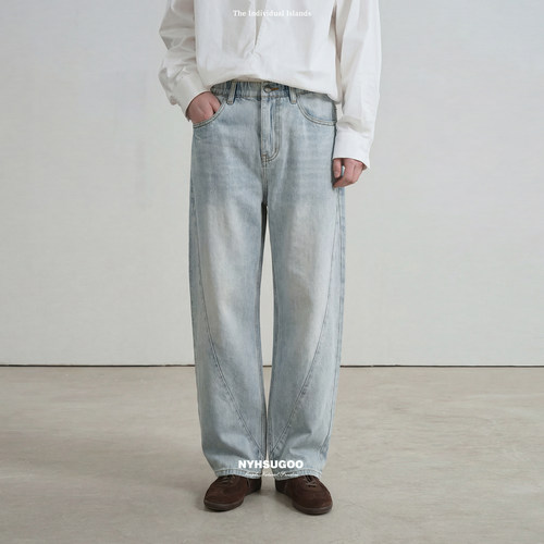 NYHSUGOO/南乙370克99%棉质半松紧腰头微弯刀牛仔裤25232男士夏季
