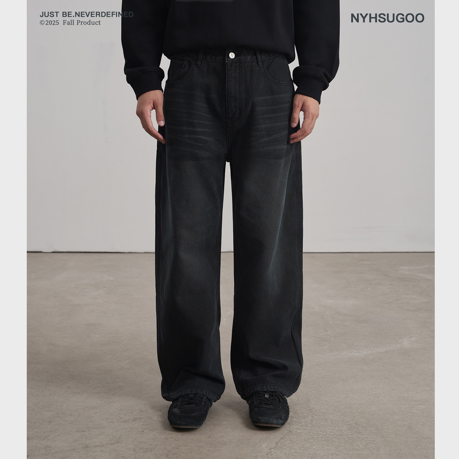 NYHSUGOO/南乙秋季男士定制色水洗做旧100%棉质牛仔裤3918灰绿色