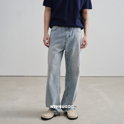 NYHSUGOO/南乙3563春夏男士喷马骝炒盐工艺复古高棉感水洗牛仔裤