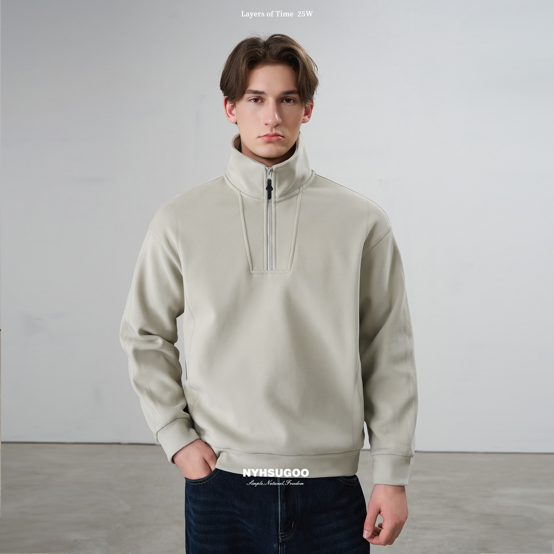 NYHSUGOO/南乙秋冬重磅530G半高领套头卫衣绒感加厚3855男士上衣