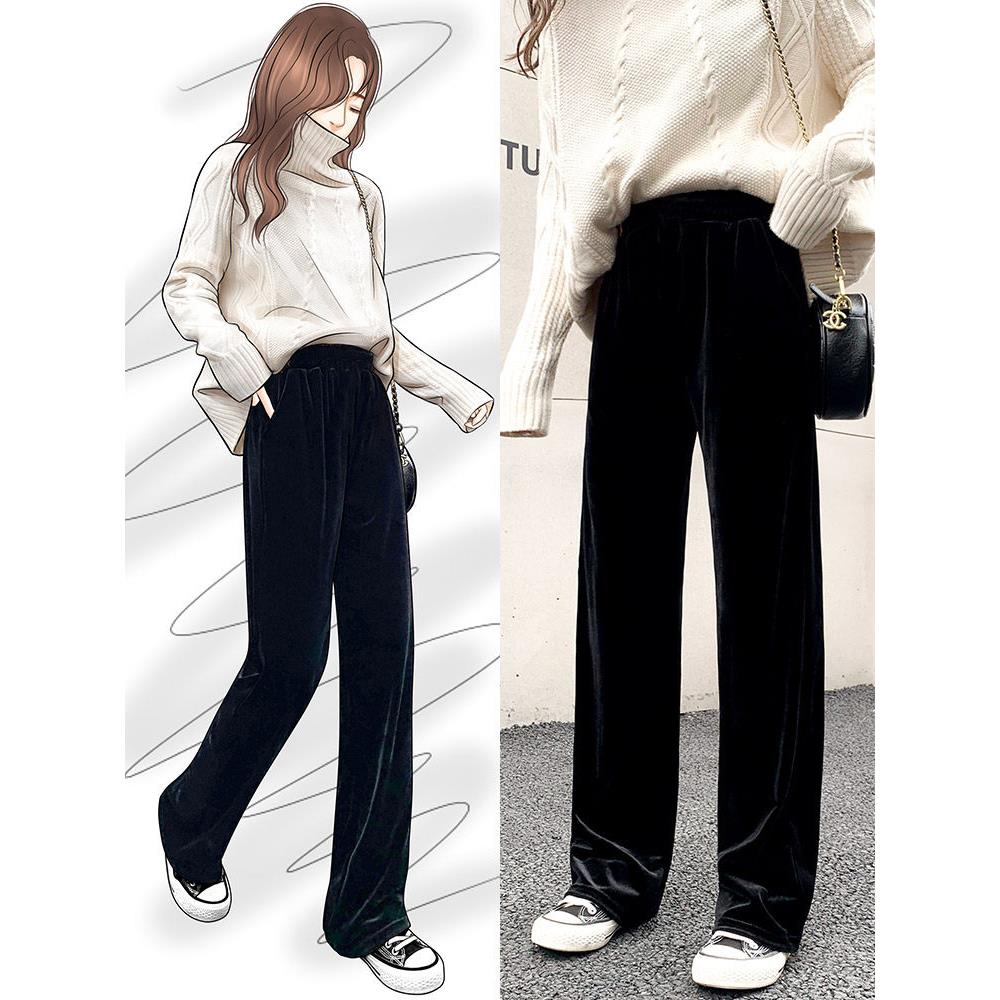 金丝绒黑色窄阔腿女裤2025新款秋冬羊毛衬里高腰褶皱直筒休闲拖地