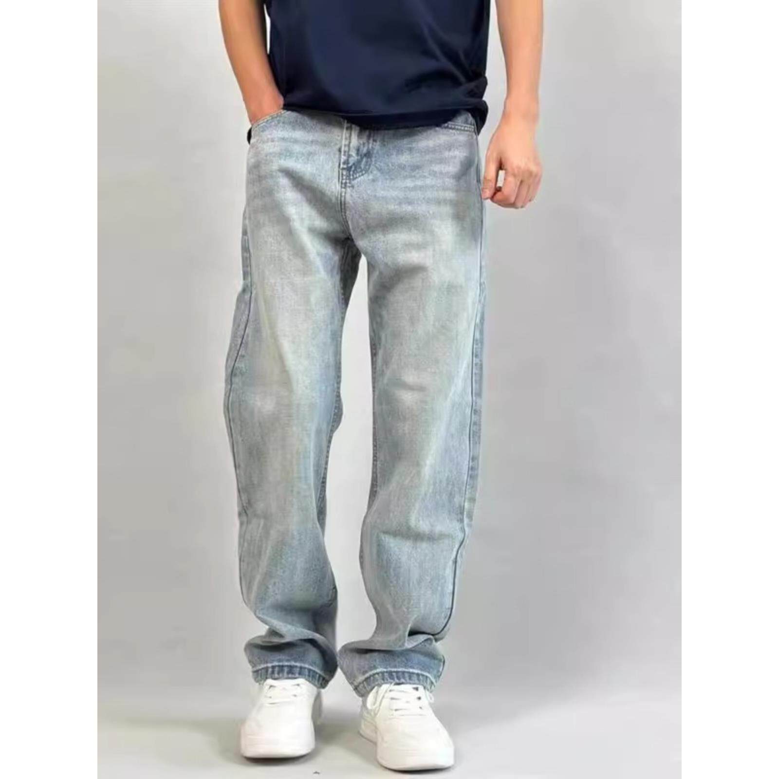it neith BIAS浅蓝直筒微阔腿男士牛仔裤宽松休闲百搭高街长裤子