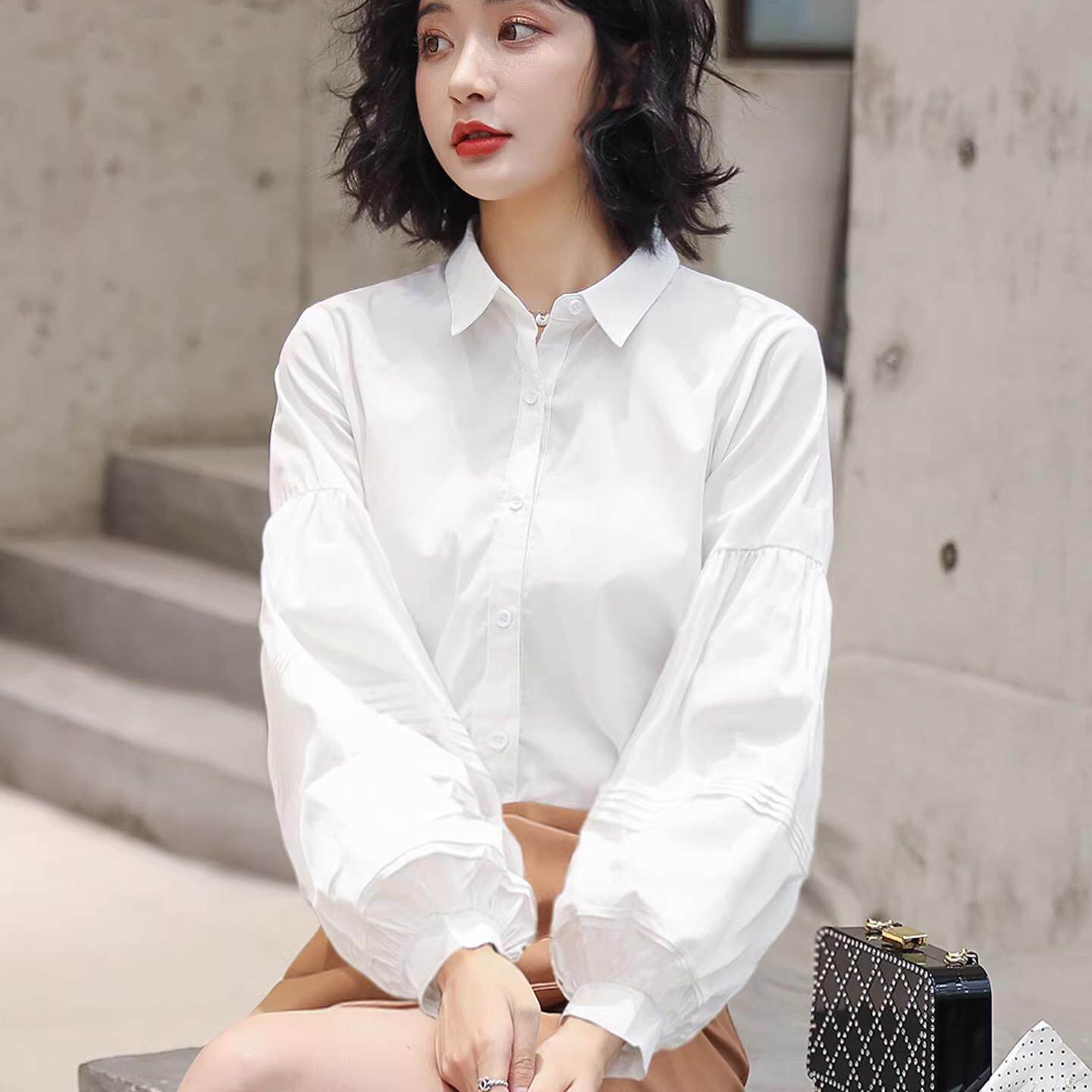 香港TIMO春季设计感小众OL白衬衫女宽松灯笼袖上衣小清新翻领衬衣