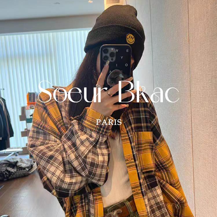 法国SOEUR BKAC秋季法式复古黄色格子设计感拼接百搭外套衬衫女薄