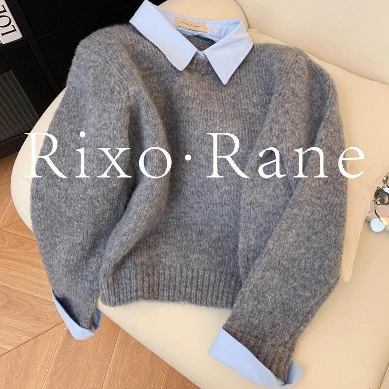 Rixo Rane撞色翻领毛衣 女装大码灰色长袖针织衫 法式假两件春秋,女装/女士精品,大码内搭,淘宝优惠券,粉丝福利购,淘宝优惠卷