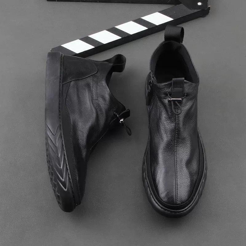 IT ins潮牌马丁短靴男春秋欧洲站真皮松紧带拉链懒人套脚休闲皮鞋