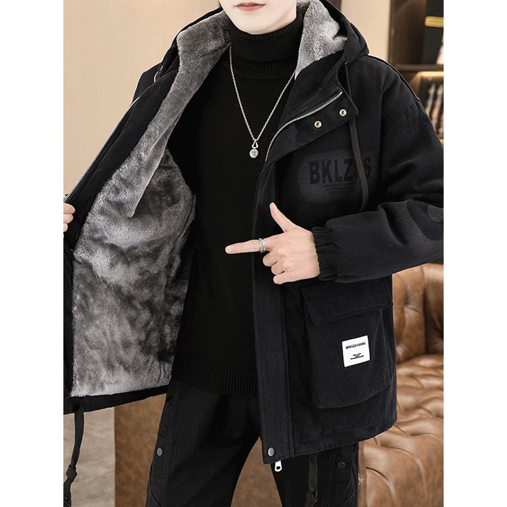 冬季牛仔外套男士加绒连帽棉衣服潮流宽松帅气加厚保暖中长款大衣