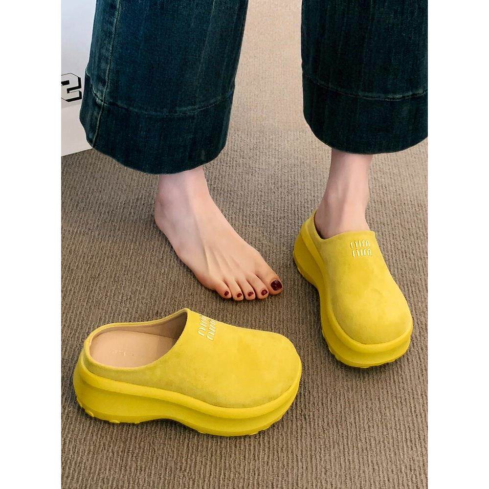 英国真皮黄色厚底勃肯鞋女2026新款春秋松糕增高一脚蹬包头半拖鞋