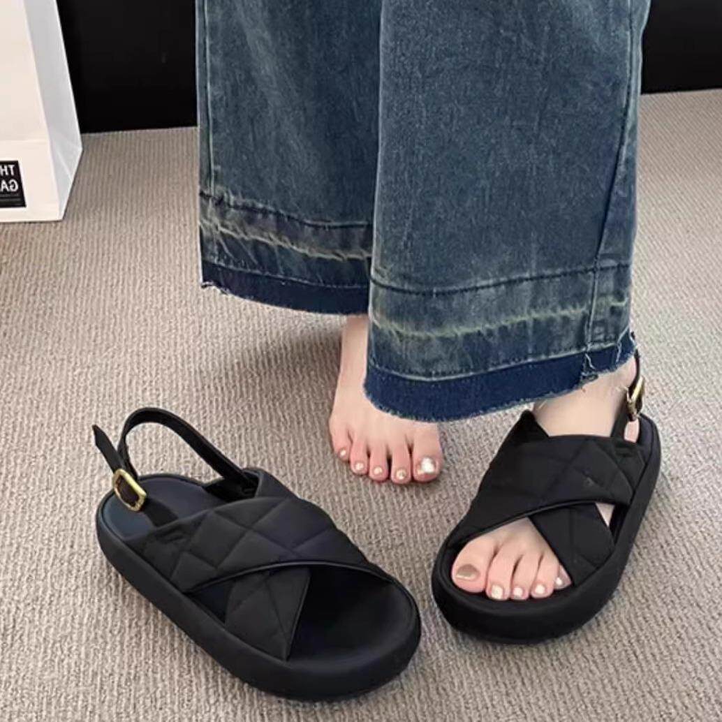 香港真皮厚底凉鞋女夏季外穿2025新款踩屎感防滑休闲沙滩罗马凉鞋