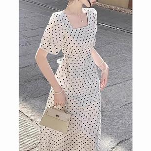欧洲站夏季 绝美气质方领白色波点连衣裙 2025新款 海边度假长裙法式