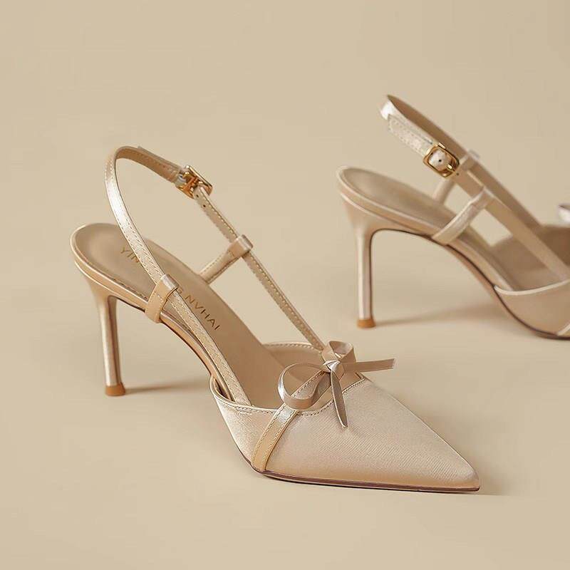 蝴蝶结尖头高跟鞋~2025新款气质高级感绝美配礼服包头细跟凉鞋