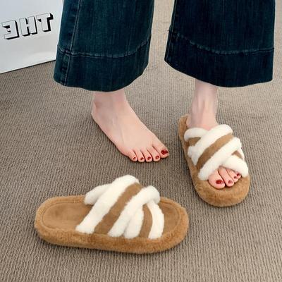英国DHWA慵懒风厚底毛毛拖鞋女款外穿秋冬季舒适孕妇百搭一字棉拖