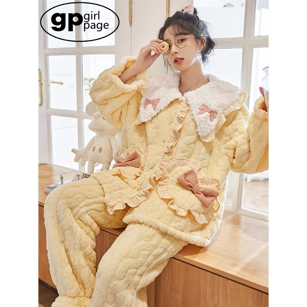 日本GP珊瑚绒睡衣女秋冬季纯色开衫加厚加绒可爱家居服套装可外穿