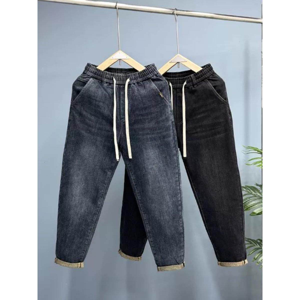 IT ins潮牌牛仔裤男士春秋加绒加厚松紧腰抽绳直筒宽松九分休闲裤