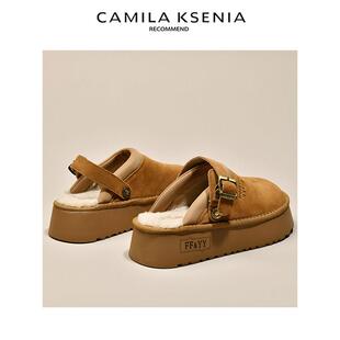 CAMILA KSENIA官方店2025新款秋厚底勃肯鞋毛毛拖鞋女一脚蹬棉拖