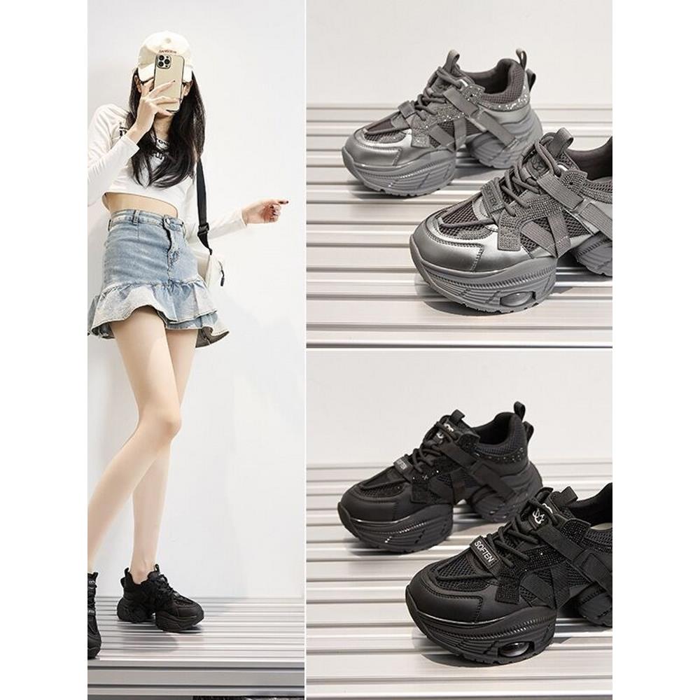 香港真皮厚底老爹鞋女7cm秋银色水钻松糕单鞋百搭增高运动休闲鞋