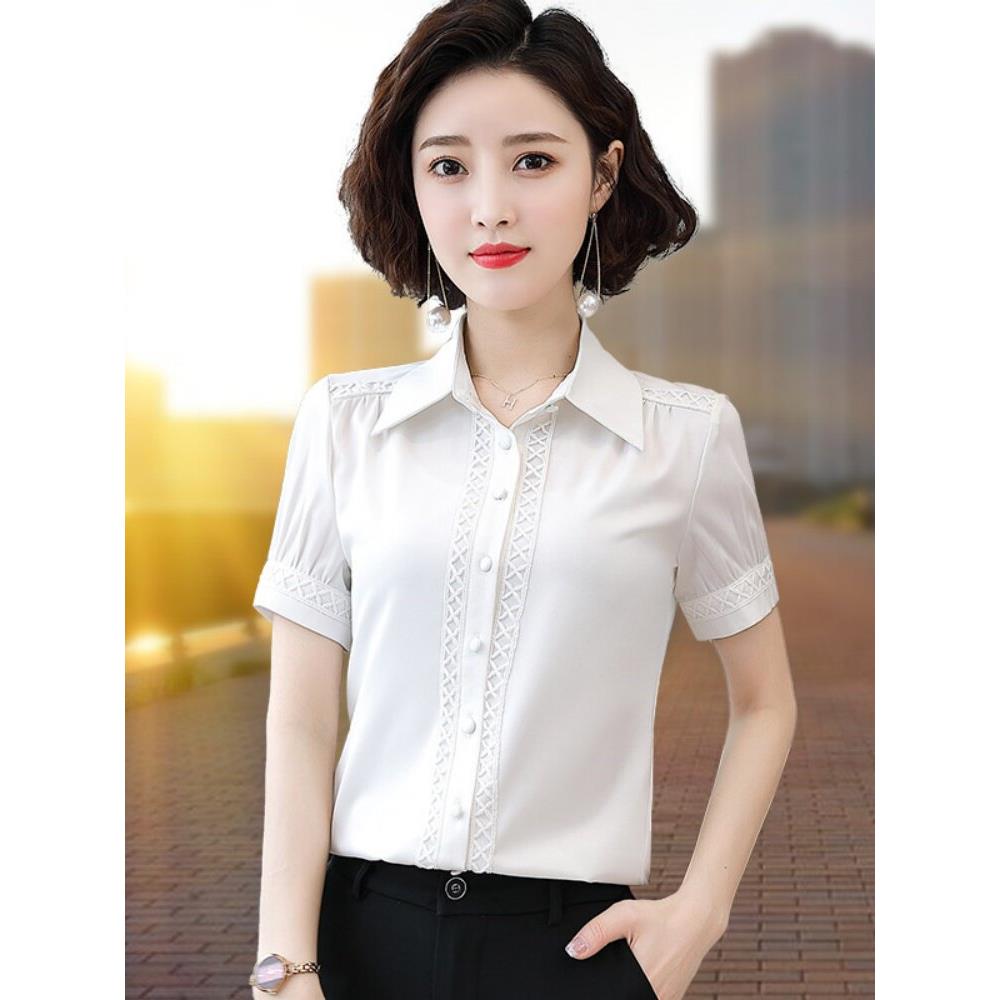 白色雪纺衬衫女短袖夏季2026新款修身气质通勤翻领职业衬衣工作服