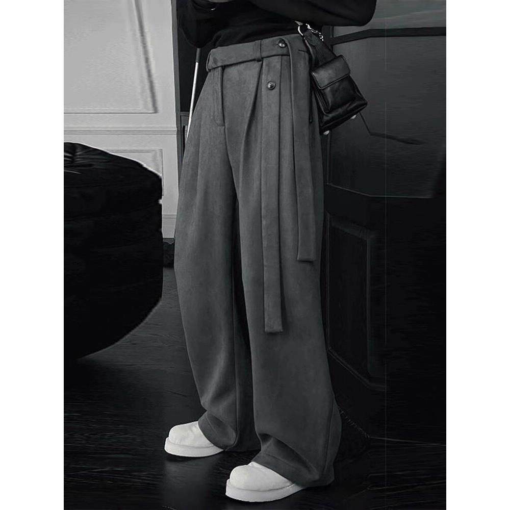 CLARALEE飘带西裤男款春秋季设计感阔腿休闲卫裤垂感直筒弯刀裤子